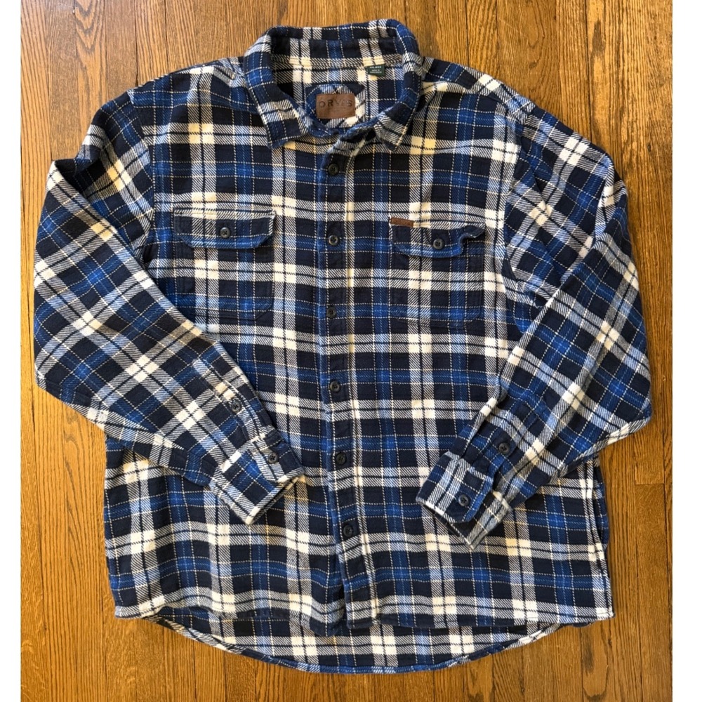 Orvis Mens Blue White Plaid Cotton Flannel Button Down Shacket XXL Long Sleeve